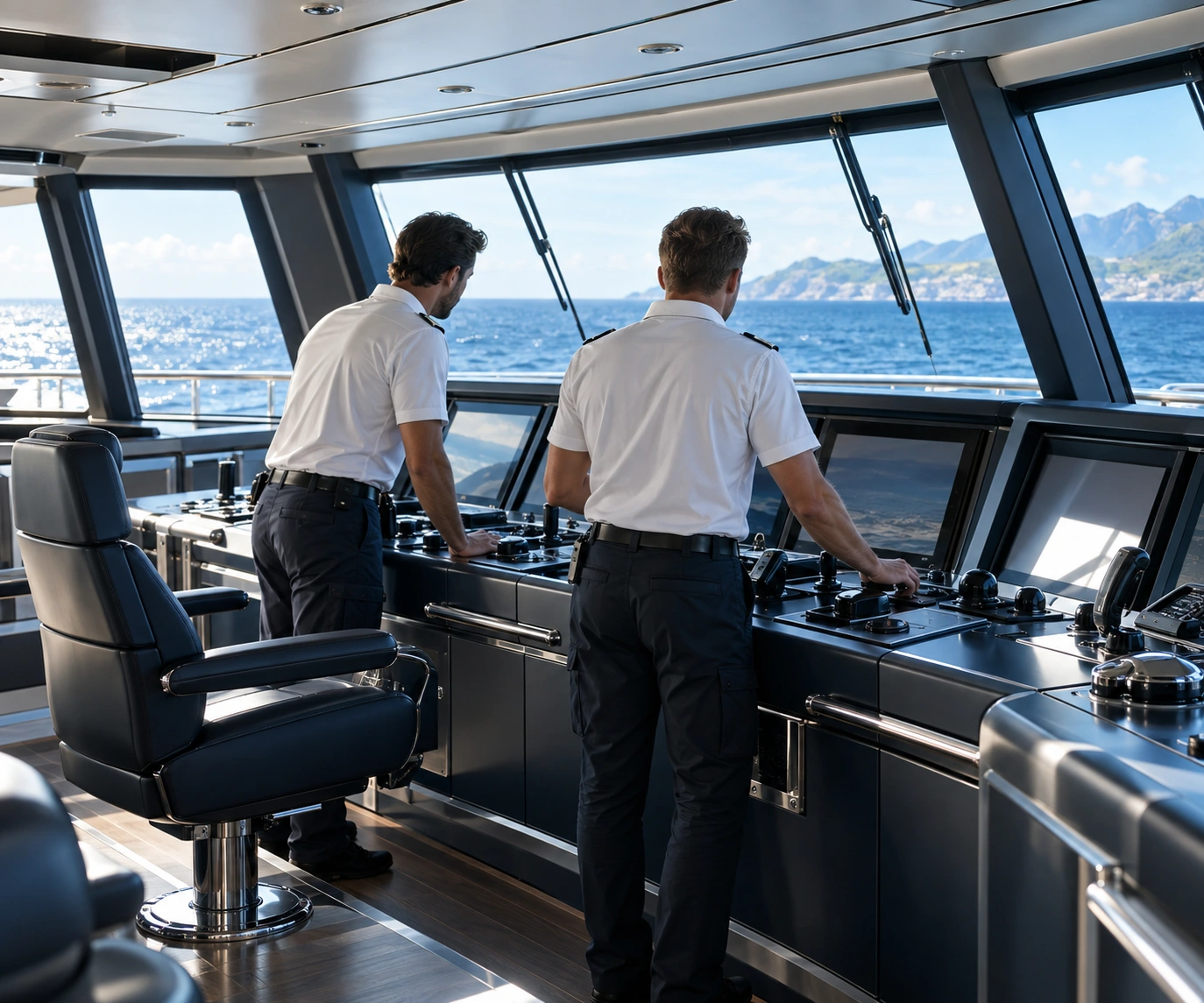 Illustrative marine specialists reviewing yacht bridge equipment