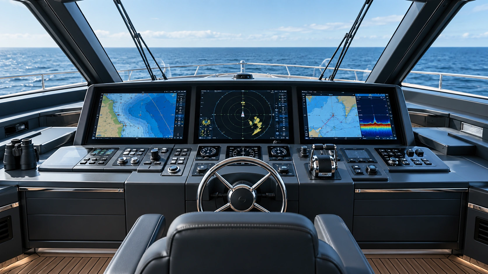 Modern vessel bridge with navigation and radar displays