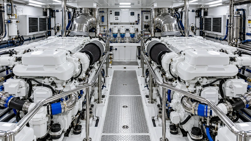Yacht engine room with twin marine diesels and stainless piping