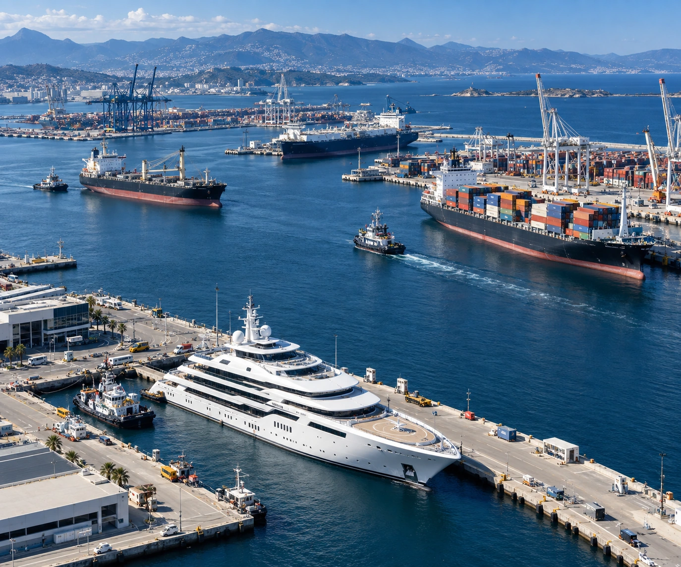 Illustrative international port with commercial ships and a large yacht