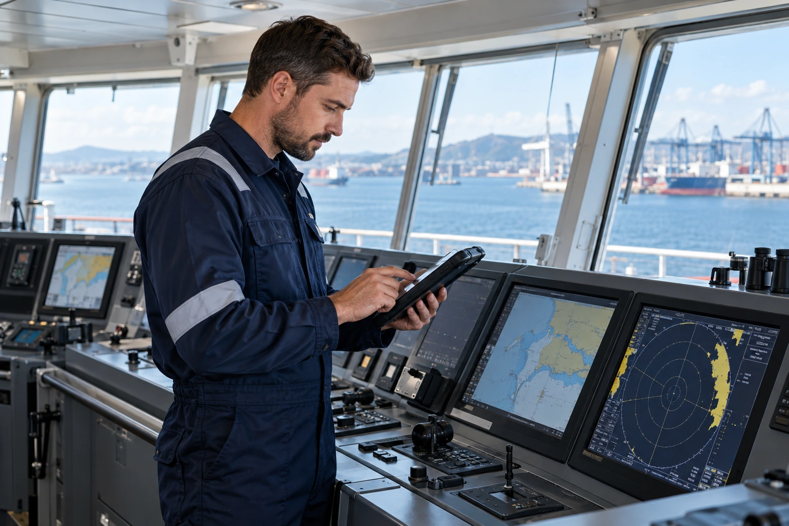 Marine electronics technician reviewing navigation equipment with a diagnostic tablet on a vessel bridge