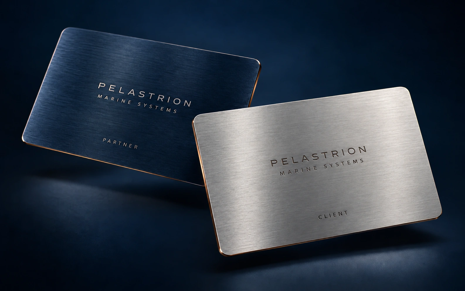 Brushed silver titanium client card and midnight navy PELASTRION partner card with copper edges
