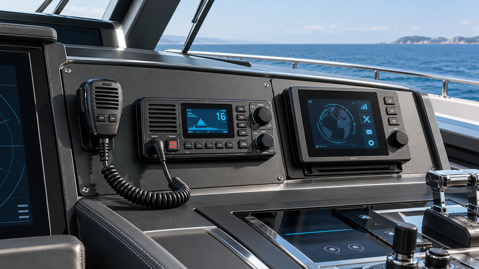 Marine communications equipment on a modern vessel bridge